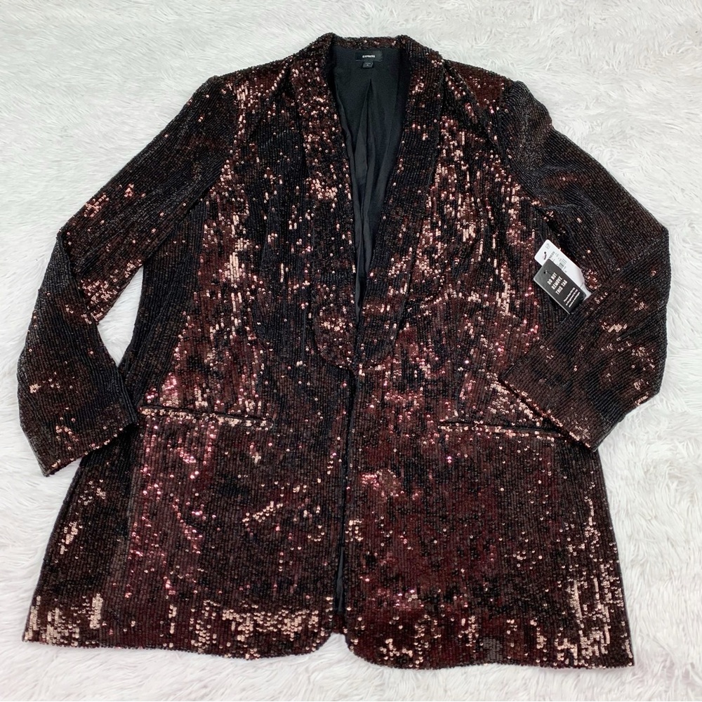 Express bronze sequin‎ open front boyfriend blazer long sleeve - Picture 2 of 11